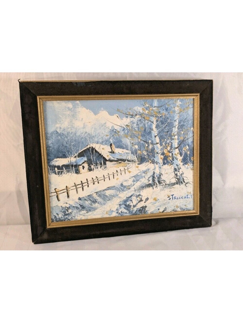 Vintage Striccoli Winter Cabin Snow Scene Oil Painting Framed Decor